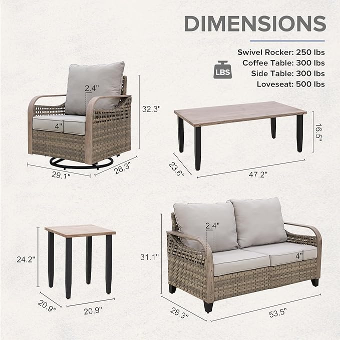 COOS BAY Modern Wicker Outdoor Furniture Set, Patio Conversation Set with Swivel Rockers, 2 Seat Loveseat, Coffee Table and Side Table, 5 Piece, Brown/Gray