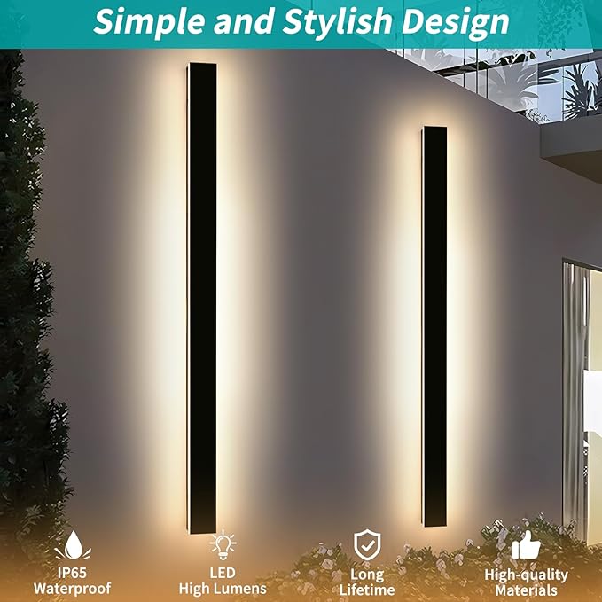 Mikeru 71" 2Pack Outdoor Wall Sconce 3000K Warm White - IP65 Waterproof Black Exterior Light, Hardwired Wall Mounted Fixture for Porch, Patio & Entryway | Non-Dimmable Weatherproof Design