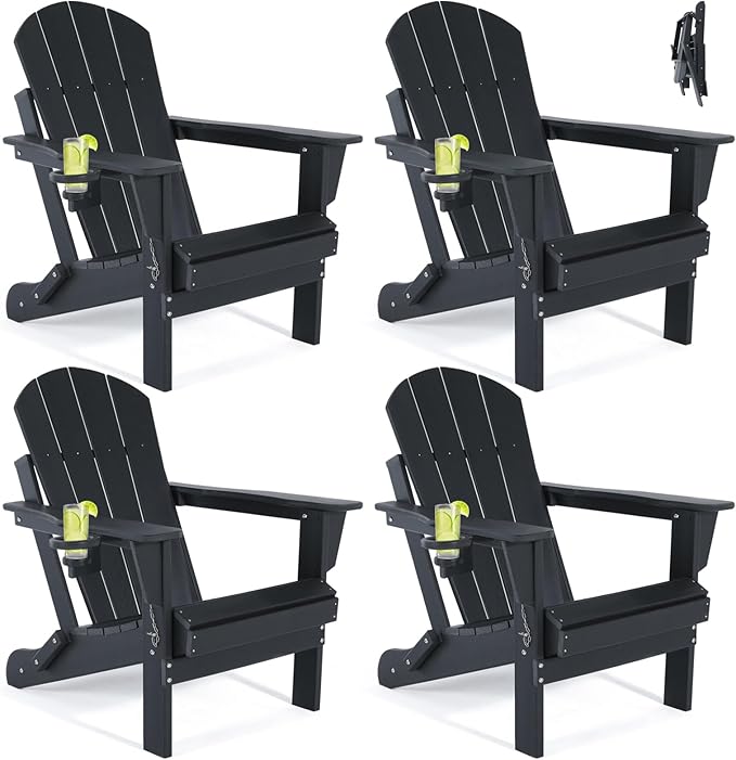 Folding Adirondack Chairs Set of 4- Plastic Adirondack Chairs with Cup Holder, Weather Resistant for Outdoor, Patio, Lawn, Garden, Backyard Deck, Fire Pit - Black