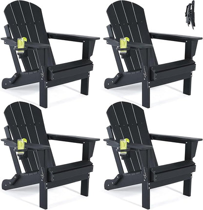 Folding Adirondack Chairs Set of 4- Plastic Adirondack Chairs with Cup Holder, Weather Resistant for Outdoor, Patio, Lawn, Garden, Backyard Deck, Fire Pit - Black