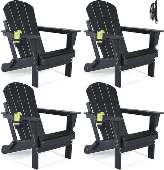Folding Adirondack Chairs Set of 4- Plastic Adirondack Chairs with Cup Holder, Weather Resistant for Outdoor, Patio, Lawn, Garden, Backyard Deck, Fire Pit - Black