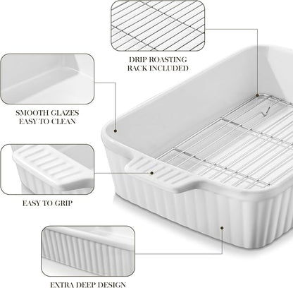 MALACASA 4.4 QT Baking Dish with Rack, 9x13 Large Casserole Dish for Oven, Ceramic Baking Pan with Rack, Rectangular Lasagna Pan Deep with Handles for Baking, Durable Microwave Oven Safe, White