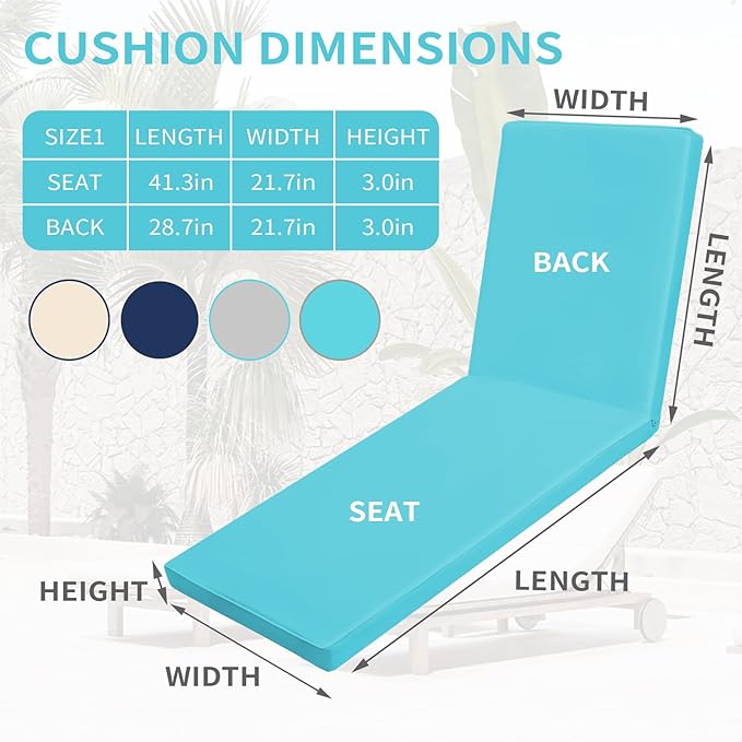 Outdoor Chaise Lounge Cushions for Patio, 72"x22"x3" Lounge Chair Cushions, Waterproof Replacement Seat Cushions for Outdoor Furniture