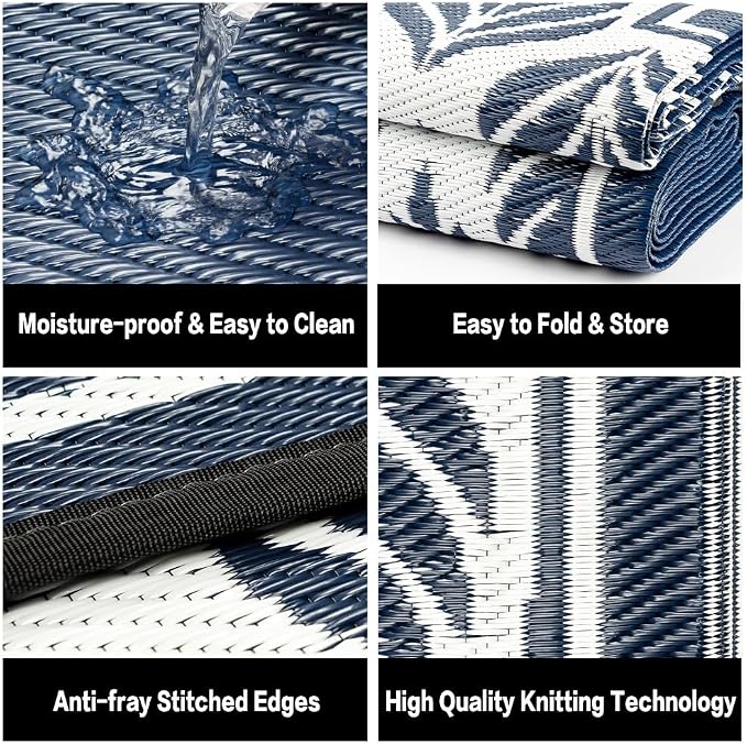 HUGEAR Outdoor Plastic Straw Rug, Waterproof Mat, Washable Large Floor Mat and Rug for Outdoors, RV, Beach, Patio, Camping, Backyard, Deck, Picnic,Indoor Outside (8x10ft,Olive-Leaf/Dark Blue&White)