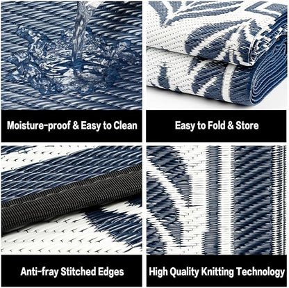 HUGEAR Outdoor Plastic Straw Rug, Waterproof Mat, Washable Large Floor Mat and Rug for Outdoors, RV, Beach, Patio, Camping, Backyard, Deck, Picnic,Indoor Outside (8x10ft,Olive-Leaf/Dark Blue&White)