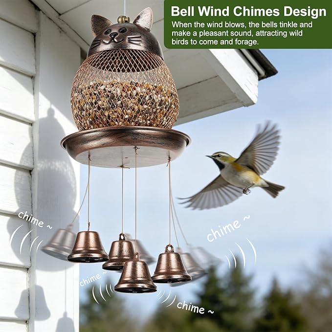 LBTING Bird Feeder for Outside, Cute Cat-Shaped Wind Chimes Bird Feeder, Metal Wild Bird Feeder Decoration for Hanging Outdoor Garden Yard