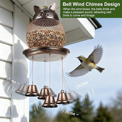 LBTING Bird Feeder for Outside, Cute Cat-Shaped Wind Chimes Bird Feeder, Metal Wild Bird Feeder Decoration for Hanging Outdoor Garden Yard