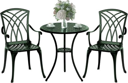 Patio Bistro Set 3 Piece, Cast Aluminum Bistro Set for 2 w/Umbrella Hole, Outdoor Table and Chairs Set of 2, Bistro Set for Balcony/Backyard/Garden, Green