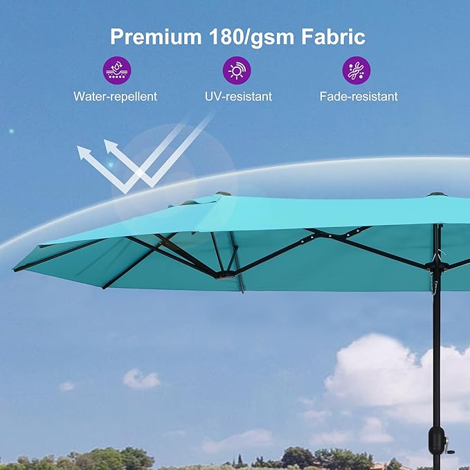 PURPLE LEAF 15ft Patio Market Umbrella with Base Double-Sided Rectangle Outdoor Table Sun Umbrellas with Crank 12 Heavy Duty Sturdy Ribs for Pool Beach Deck Backyard Turquoise Blue