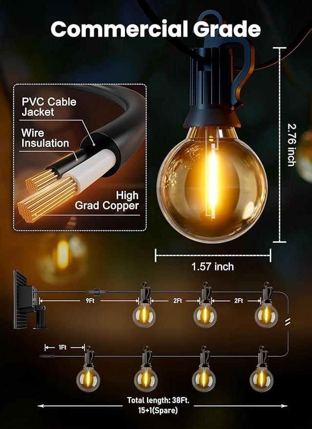 Brightown 38FT Solar String Lights Outdoor with USB Charging & 16 LED Shatterproof Bulbs, Solar Patio String Lights Outdoor for Cafe Garden Deck Outside Wedding - Last for 20Hrs+