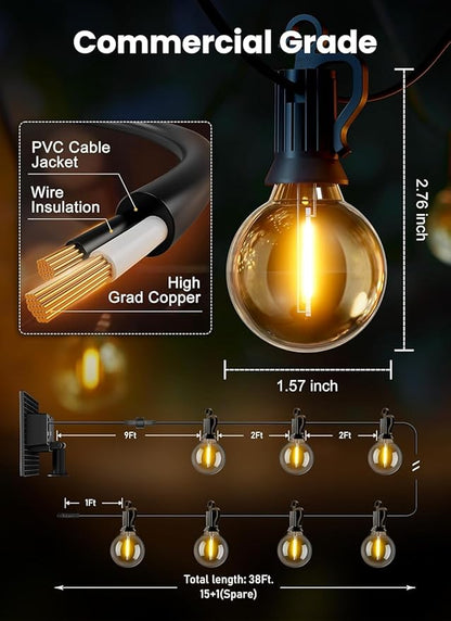 Brightown 38FT Solar String Lights Outdoor with USB Charging & 16 LED Shatterproof Bulbs, Solar Patio String Lights Outdoor for Cafe Garden Deck Outside Wedding - Last for 20Hrs+