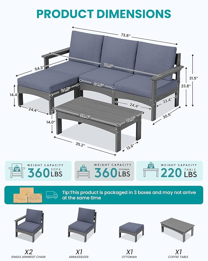 SERWALL 5-Piece Patio Sofas, All-Weather HDPE Outdoor Sectional Sofa with Cushions and Coffee Table, Large Modular Patio Conversation Set for Garden, Lawn, Deck, Porch, Grey Frame with Grey Cushion