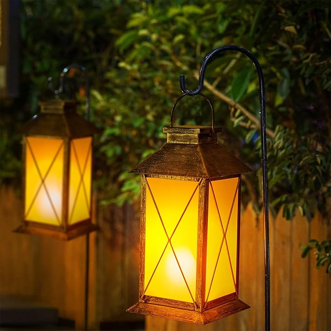 2 Pack Solar Lantern with Flickering Flame Candle, 13" Outdoor Waterproof Solar Lanterns Garden Decorative, Glass Hanging Lantern Metal for Outdoor Patio Yard Tabletop Decoration Mothers Day Gifts Mom