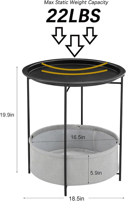 VECELO Round Side/End Table with Fabric Storage Basket，Metal Anti-Rust and Waterproof Small Bedside Nightstand with Removable Tray Top for Living Room，Balcony & Laundry，Black /1pcs with Basket