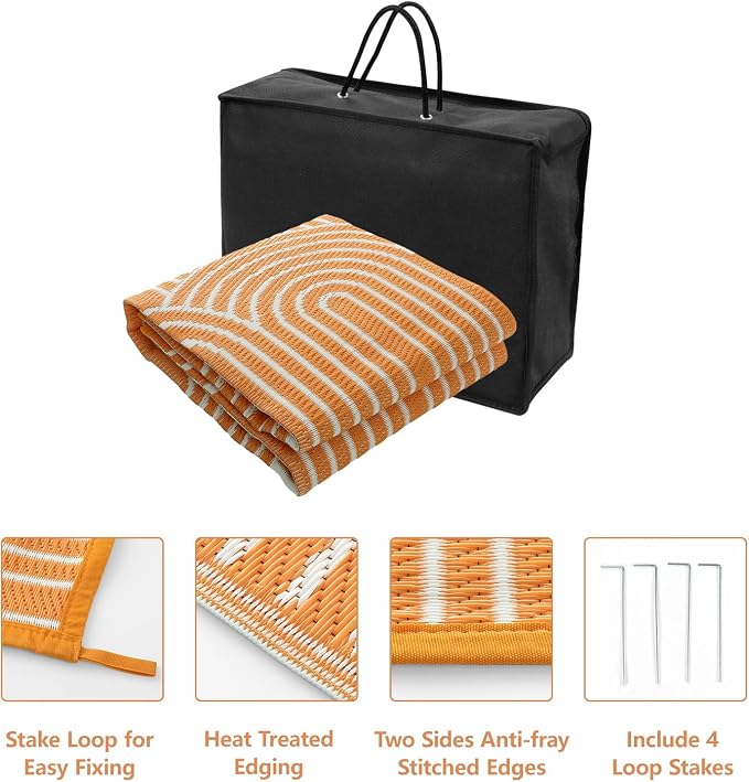 Anidaroel Outdoor Rug 5’x8’ Waterproof, Reversible Rainbow Outdoor Plastic Straw Outside Area Rug, RV Camping Rug for Porch, Balcony, Backyard, Camper, Pool Deck (Orange,5‘x8')
