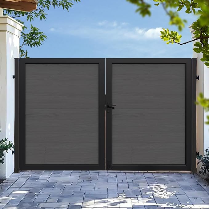 Wood Plastic Privacy Double Fence Gate 6ft(H) x 10ft(W), Metal Frame with Knob Kits, Durable Composite Outdoor Gate,Silver Gray