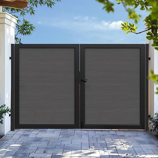 Wood Plastic Privacy Double Fence Gate 6ft(H) x 10ft(W), Metal Frame with Knob Kits, Durable Composite Outdoor Gate,Silver Gray