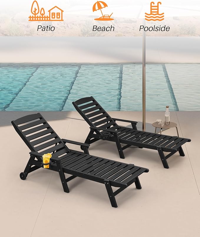 HDPE Patio Lounge Chair Set of 2, 78.4'' Outdoor Poly Lounge Chairs, 5-Position Adjustable Outdoor Lounger with Wheels & Cup Holder, HDPE Patio Chaise Lounges for Deck, Beach, Obsidian