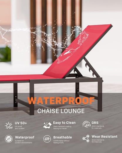 Patio Lounge Chair, Aluminum, 5 Adjustable Backrest, 1 Piece,red | Lightweight rustproof aluminum.5 adjustable backrest positions.Breathable quick-dry fabric.For poolside,beach,lawn,backyard.