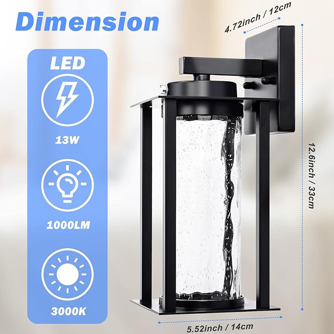 LED Dusk to Dawn Outdoor Light Fixtures - 2 Packs Modern Porch Lighting with Attractive Glass, 13W 3000K LED Exterior Sconce Wall Mount with Photocell Sensor for House Front Garage Door, Waterproof