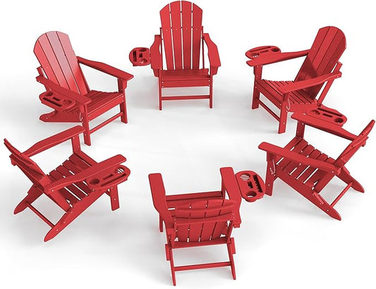Adirondack Chair Set of 6, HDPE Folding Adirondack Chair with Multifunctional Cup Holder, Weather Resistant Fire Pit Chair for porches, patios, poolsides, Decks.