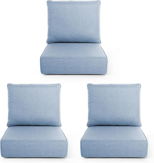 Outdoor Chair Cushions, 6 Inch Thick Patio Seat & Back Cushions Set with Removable Cover, Waterproof Patio Cushions for Outdoor Furniture, 22 x 24 Inch, Baby Blue 3-Set