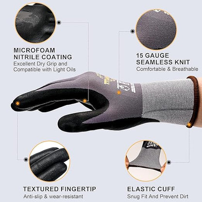TitanFlex Work Gloves Microfoam Nitrile Coated Men Women-6 Pairs, Safety Warehouse Gloves Mens Working Glove with Grip Heavy Duty, Touchscreen, Seamless Knit Nylon for Automotive, Garden (XX-Large)