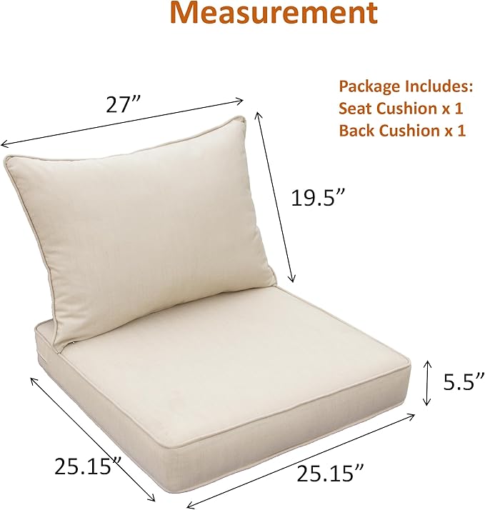 Generic Outdoor Patio Furniture Replacement Cushions,25X25X5 Inch Deep Seat Chair Seat Back Cushion Set,All Weather Breathable Sectional Cushions for Patio Furniture Couch Loveseat,Beige Sand