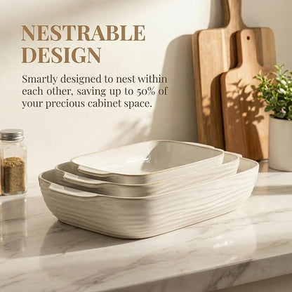 Baking Dish for Oven, Ceramic Casserole Dishes Set for 3, Rectangular Lasagna Pan Deep, Baking Pans with Handle, 12.9“/10.8"/8.4" Bakeware Sets for Cake, Casserole, Kitchen Wedding Gifts, Arctic White