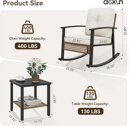 Aoxun 3-Piece Outdoor Rocking Bistro Set, Patio Furniture Set with Coffee Table and Thick Cushions, Wicker Rocking Chairs Set of 2 for Garden, Balcony, Backyard, Poolside (Beige)