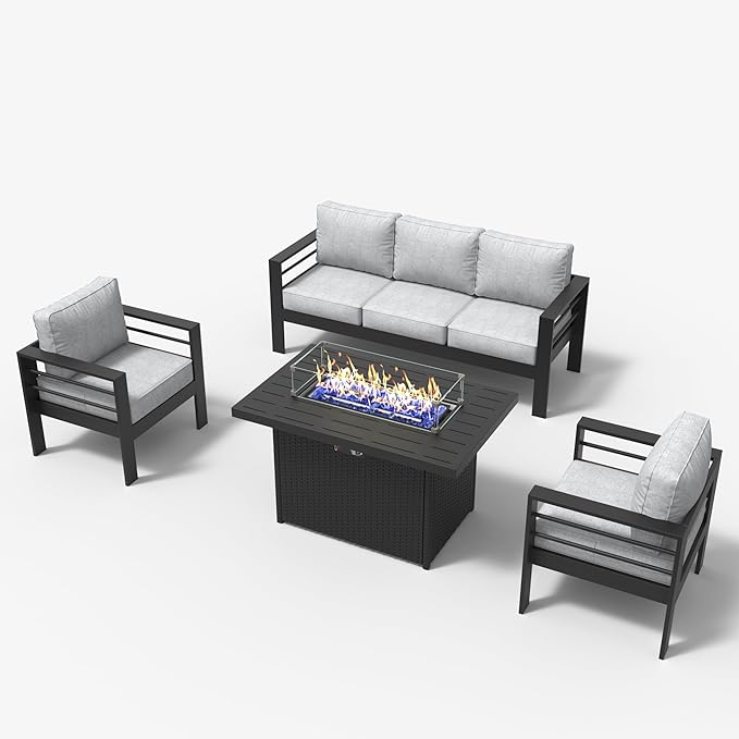 LayinSun Aluminum Furniture Set with Fire Pit Table, 4 Pieces Patio Sectional Conversation Chat Sofa Modern Seating Set