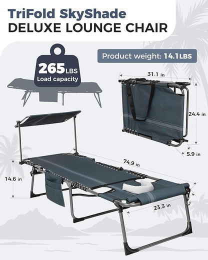 KingCamp 2 Pack Tanning Chair with Face Hole, Lounge Chairs Outdoor Folding Portable Comfy Adjustable 5-Position Chaise Chaser with Canopy Shade for Outside Beach Patio, Blue/Grey