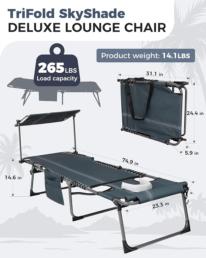 KingCamp Tanning Chair with Face Hole, Lounge Chairs Outdoor Folding Portable Comfy Adjustable 5-Position Foldable Chaise Chaser with Canopy Shade for Outside Beach Patio, Blue/Grey