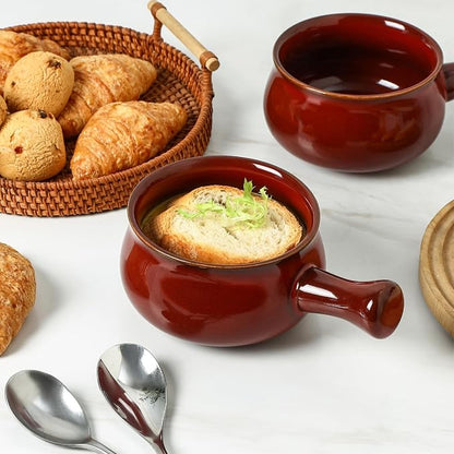 vicrays French Onion Soup Bowls With Handles, 26 Ounce for Soup, Chili, Beef Stew, Chip Resistant, Dishwasher Microwave Safe, Set of 4 (Cherry Red)