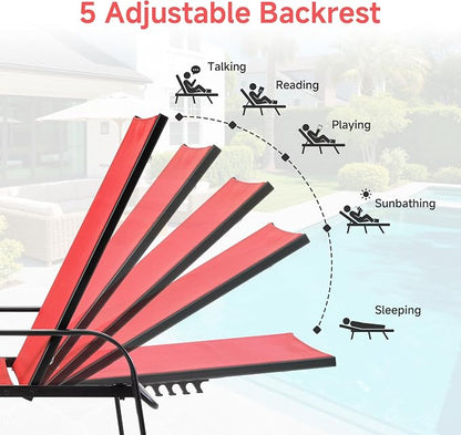 NEWBULIG Outdoor Lounge Chair for Pool, Chaise Lounge Chairs with 5 Position Recliner,350 lbs Heavy Duty Patio Pool Chairs, Outdoor Sun Chairs with Metal Frame for Backyard, Red