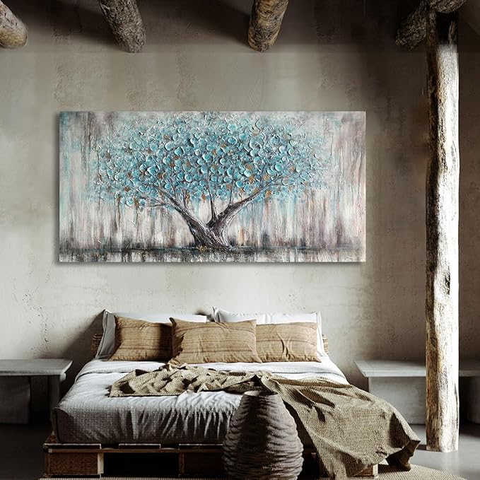 Arjun Tree Wall Art Canvas for Living Room Blue Tree of Life Nature Teal Abstract Textured Painting Picture Modern Panoramic Landscape Artwork Framed Bedroom Home Office Decor, Extra Large 58"x29"