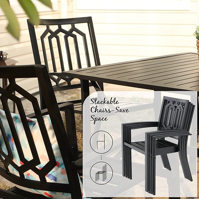 PHI VILLA Outdoor Table & Chairs Wrought Iron Patio Furniture 7 Piece, Large Dining with Umbrella Hole 6 Backyard Garden Support 300LBS for Deck, Lawn, Garden, Black Style 3, Brown-64'' x 38'' 29''