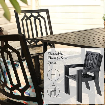 PHI VILLA Outdoor Table & Chairs Wrought Iron Patio Furniture 7 Piece, Large Dining with Umbrella Hole 6 Backyard Garden Support 300LBS for Deck, Lawn, Garden, Black Style 3, Brown-64'' x 38'' 29''
