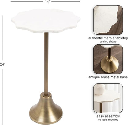 Kate and Laurel Sanzo Modern Round Side Table, 14 x 14 x 24, White Marble and Antique Brass, Decorative Circle End Table with Scalloped Marble Tabletop for Indoor Plant Stand or Bedroom Nightstand