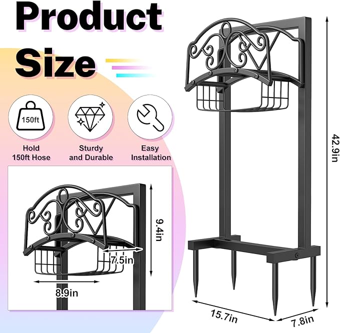 Garden Hose Holder, Metal Water Hose Holder with Storage Basket, Heavy Duty 4 Spikes Hose Hanger Holds 150 Feet Hoses, Freestanding Hose Storage Reel Rack for Outdoor Yard Lawn,Coil