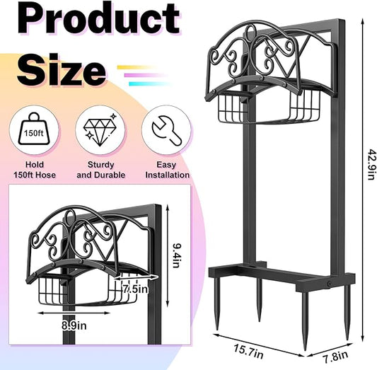 Garden Hose Holder, Metal Water Hose Holder with Storage Basket, Heavy Duty 4 Spikes Hose Hanger Holds 150 Feet Hoses, Freestanding Hose Storage Reel Rack for Outdoor Yard Lawn,Coil