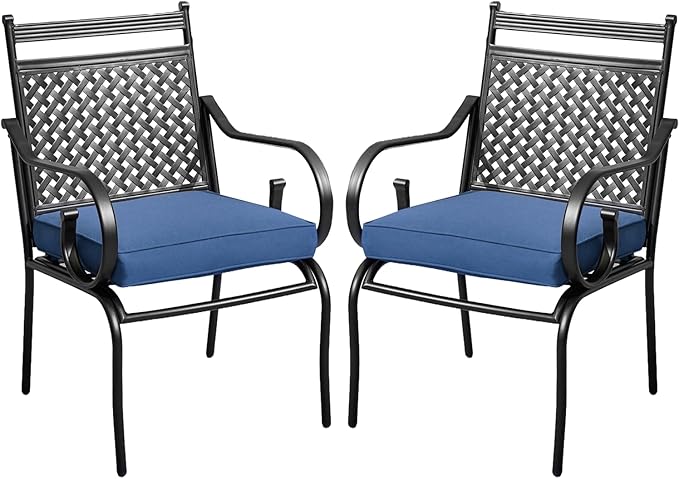 MELLCOM Patio Dining Chairs Set of 2, Heavy Duty Outdoor Dining Chairs with Armrests and Cushions, Iron Metal Patio Chairs for Outside, Garden Lawn & Porch, Backyard, Blue