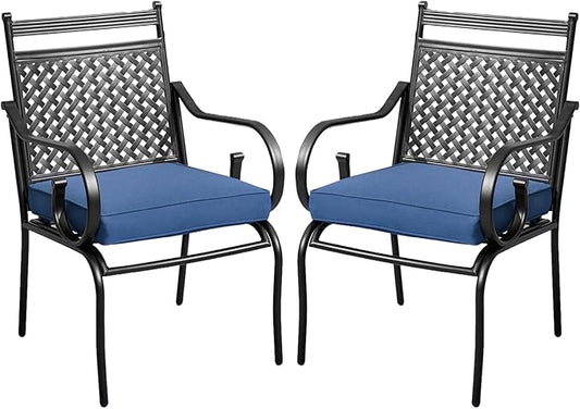 MELLCOM Patio Dining Chairs Set of 2, Heavy Duty Outdoor Dining Chairs with Armrests and Cushions, Iron Metal Patio Chairs for Outside, Garden Lawn & Porch, Backyard, Blue