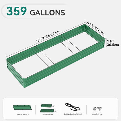 DWVO 2pcs 12 x 4 x 1 FT Raised Garden Bed Kit, Outdoor Galvanized Flower Bed with Safety Rubber and Gloves, Large Metal Planter Box for Vegetables, Flowers, Herbs, Fruits, Green
