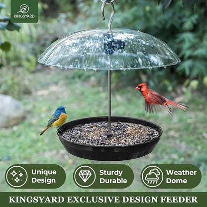 Kingsyard Adjustable Platform Bird Feeder for Outdoors, Hanging Metal Seed Tray with Clear Rain Proof Dome, Large Capacity for Wild Bluebird Cardinal Goldfinches, Black