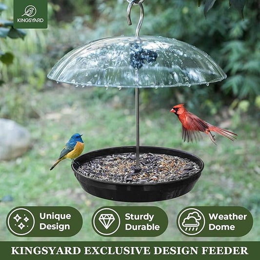 Kingsyard Adjustable Platform Bird Feeder for Outdoors, Hanging Metal Seed Tray with Clear Rain Proof Dome, Large Capacity for Wild Bluebird Cardinal Goldfinches, Black