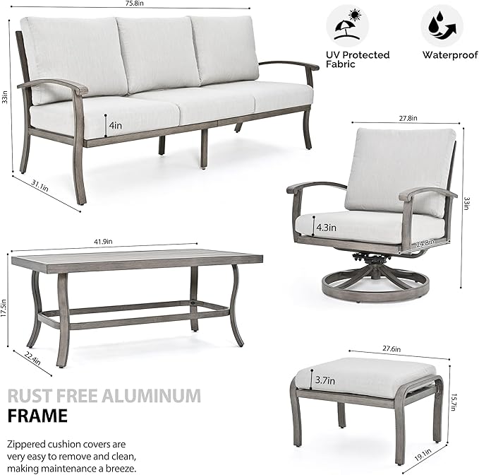 HAPPATIO 6 Piece Aluminum Patio Furniture Set, 3-Seat Outdoor Couch with Ottomans and Swivel Armchairs, All-Weather Outdoor Sectional Sofa with Comfortable Cushions and Coffee Table(Gray)