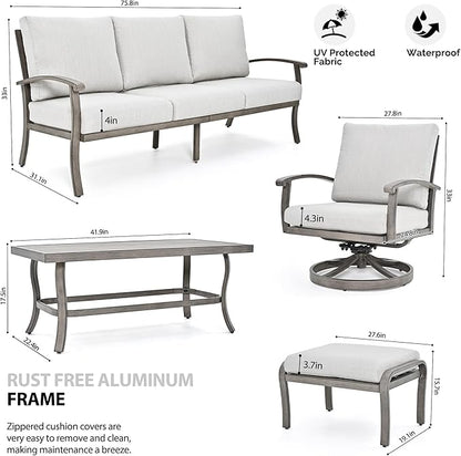 HAPPATIO 6 Piece Aluminum Patio Furniture Set, 3-Seat Outdoor Couch with Ottomans and Swivel Armchairs, All-Weather Outdoor Sectional Sofa with Comfortable Cushions and Coffee Table(Gray)
