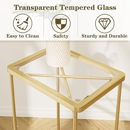 Garden 4 you Small Side Table, Glass End Table Set of 2, Gold Outdoor Side Table with Metal Frame, Mini Bedside Table for Living Room, Bedroom, Patio, Small Space, 2pcs