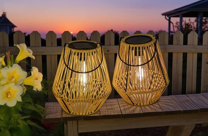 YAKii 2 Pack Solar Lantern Hanging Waterproof Outdoor Handmade Solar Lamp with Plastic Rattan Design Bohemian Style Decoration for Garden Yard Patio Porch Trees Lawn Pathway Decor